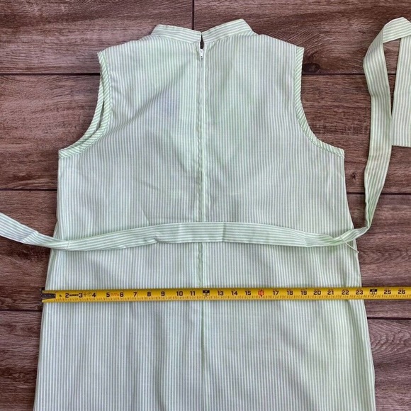 Vintage Seersucker Dress Green White Stripe Belted Sleeveless 18 1/2 - Picture 7 of 12